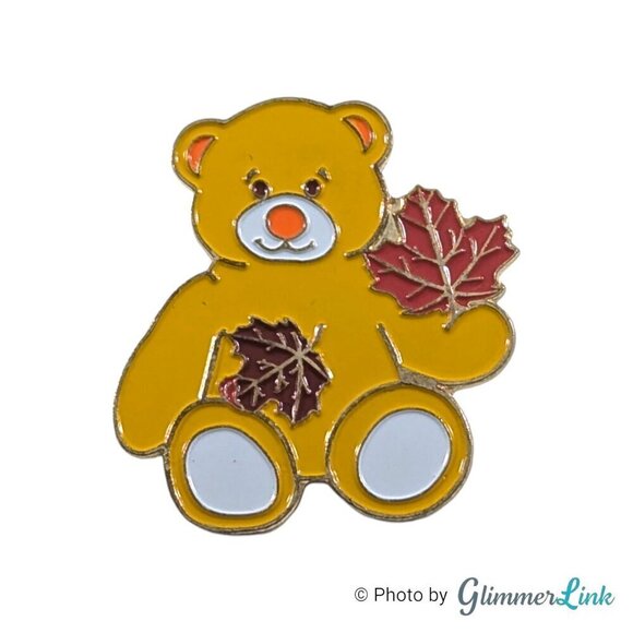 Build A Bear Workshop 2007 Yellow Teddy Bear Fall Autumn Maple Leaves Pin - Picture 1 of 4